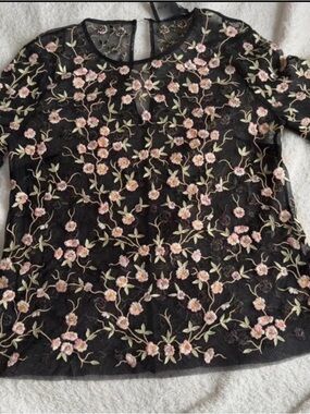 Needle & Thread Black Mesh Blouse with Pink Floral Embroidery